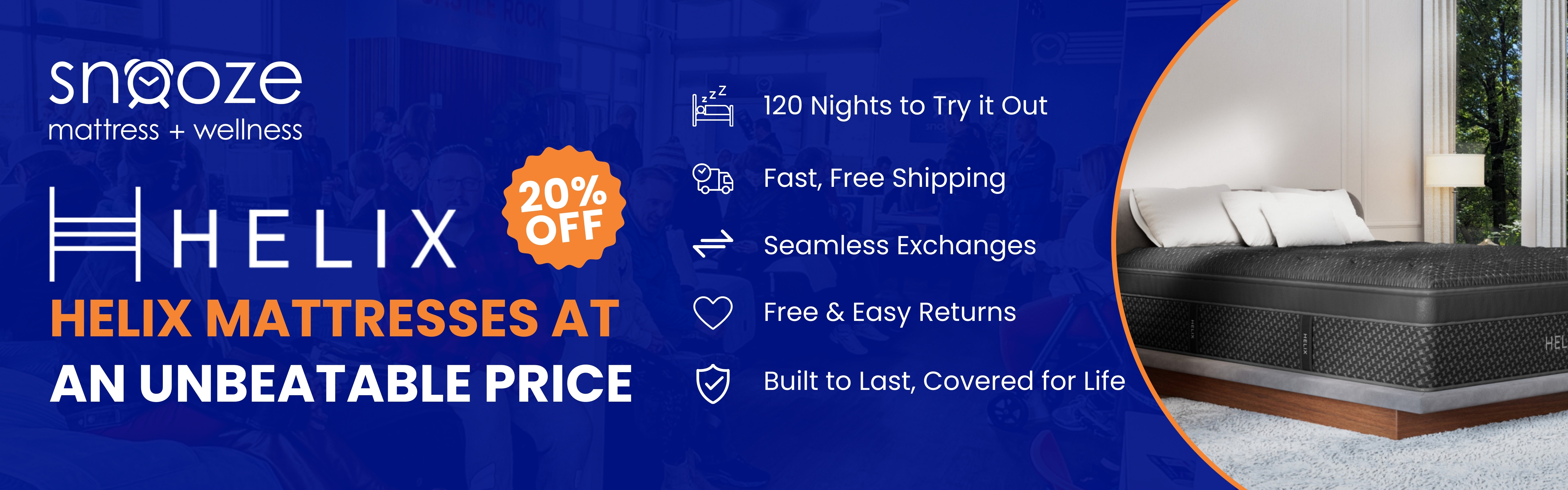 Helix mattress on a platform bed in a bright bedroom, with text promoting 20 percent off and a 120-night trial.