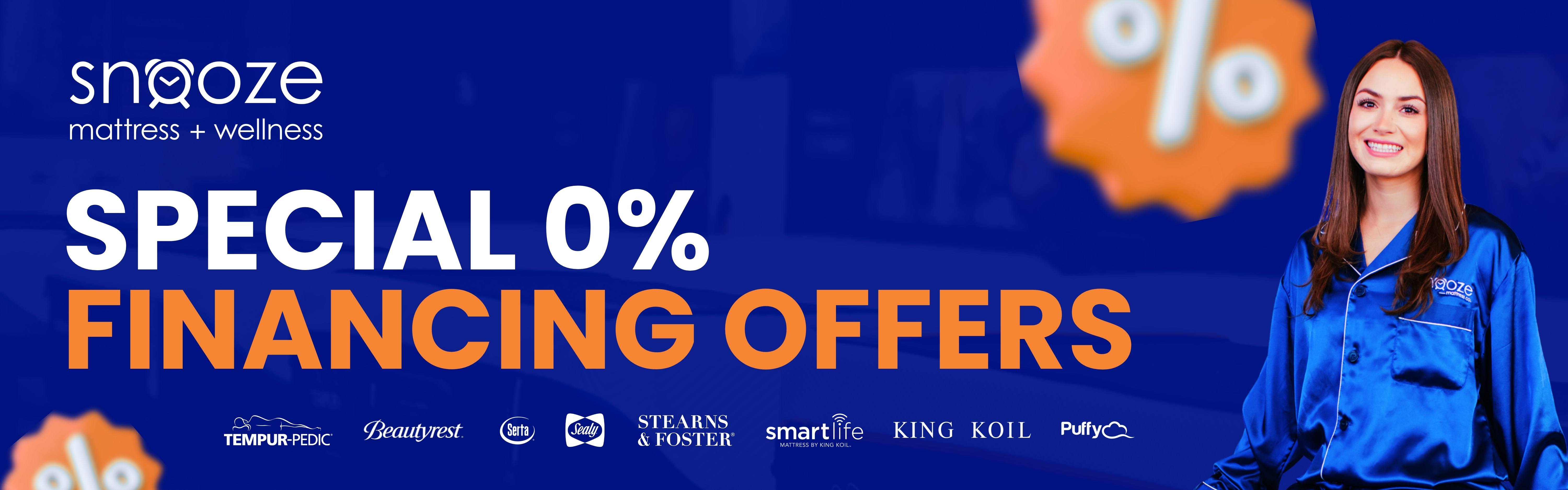 Promotional banner for Snooze Mattress + Wellness highlighting 0 percent financing offers across multiple mattress brands, with a staff member pictured.