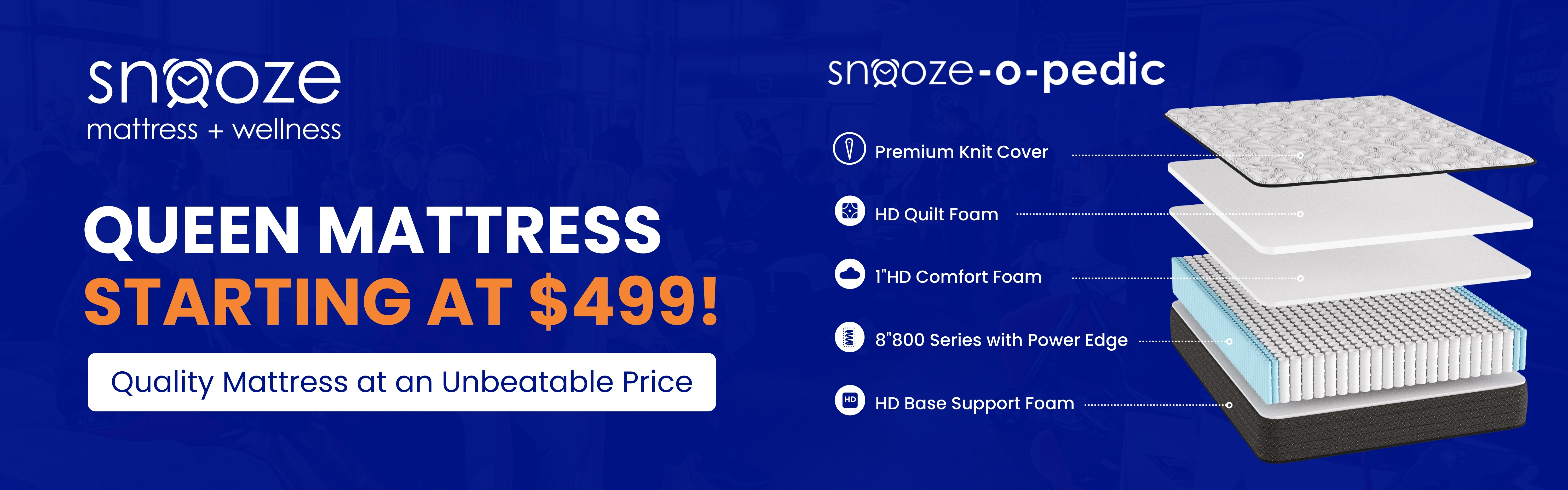 Exploded diagram of a queen Snooze-O-Pedic mattress showing knit cover, quilt foam, comfort foam, pocketed coils, and base support foam, with pricing starting at $499.