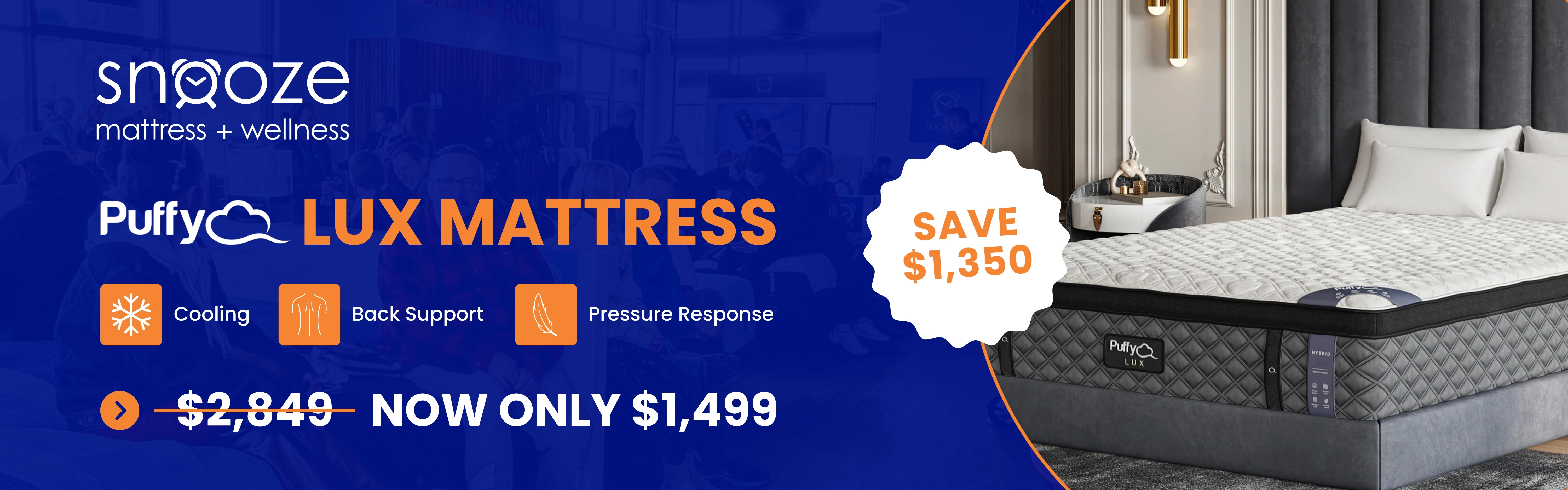 Puffy Lux mattress displayed in a modern bedroom, with icons highlighting cooling, back support, and pressure response, and a sale price of $1,499.