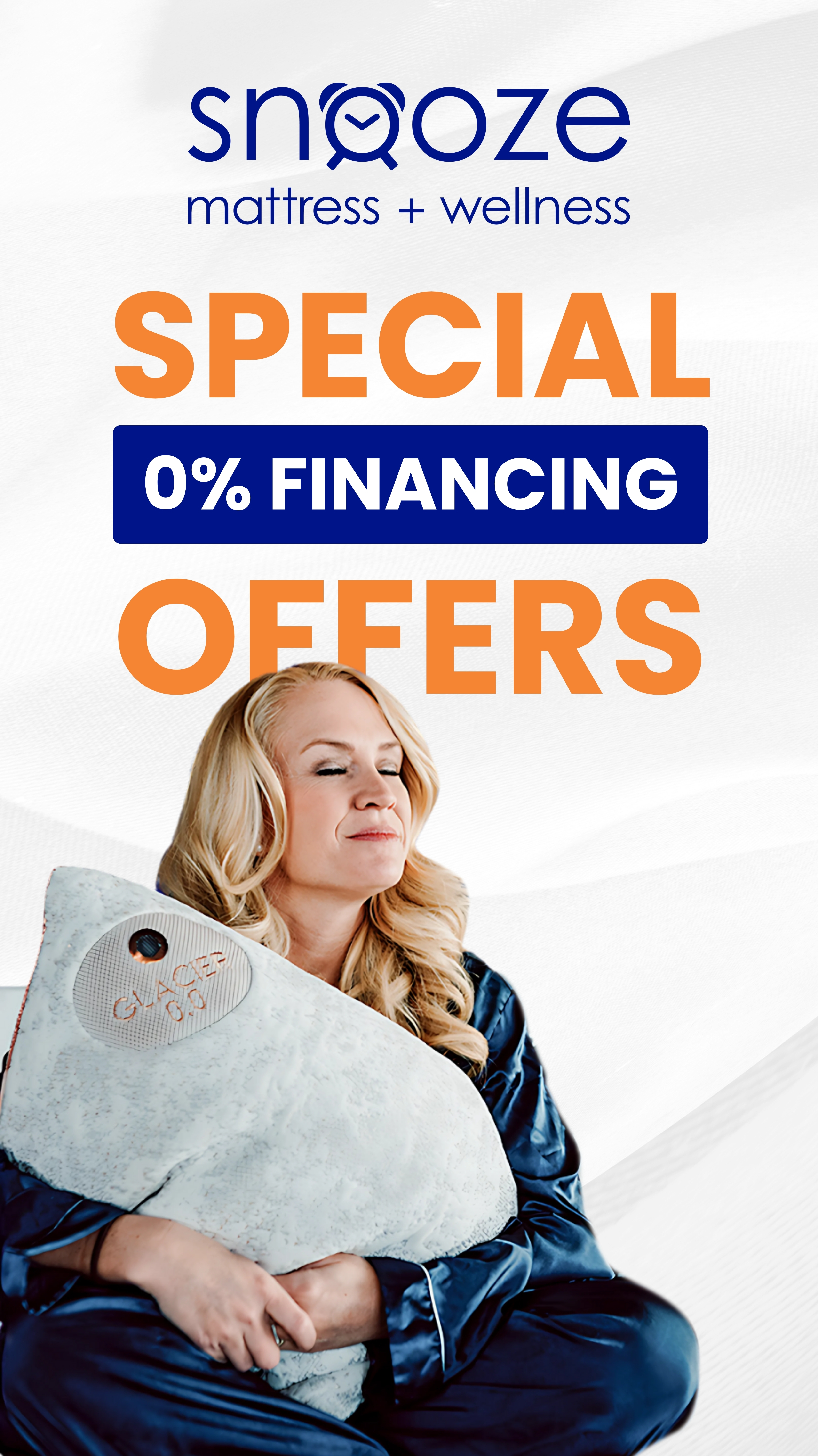 Promotional banner for Snooze Mattress + Wellness highlighting 0 percent financing offers across multiple mattress brands, with an older female staff member pictured.