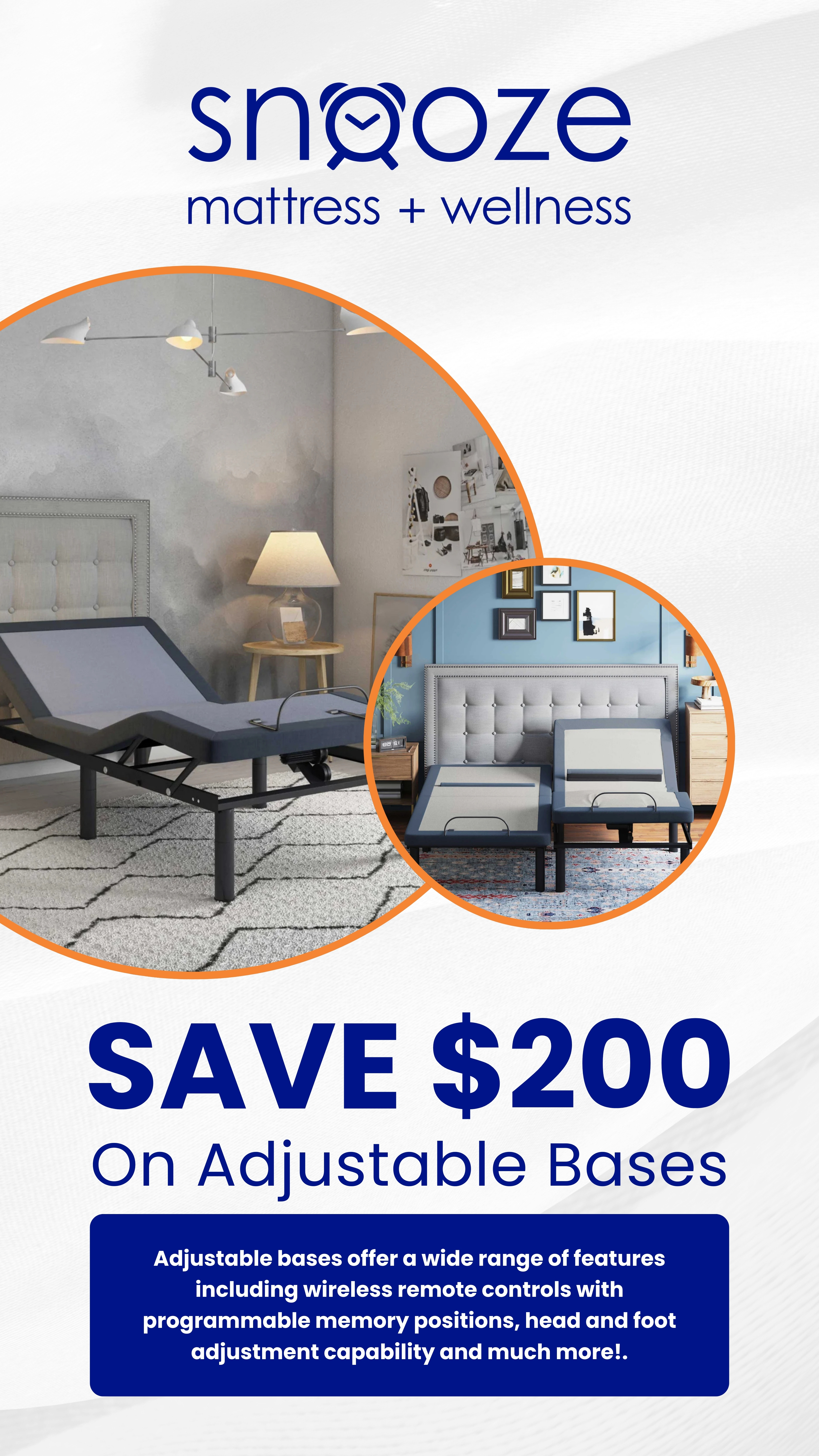 Snooze Mattress + Wellness banner promoting $200 off adjustable bed bases, showing adjustable bases in raised and flat positions in a bedroom.