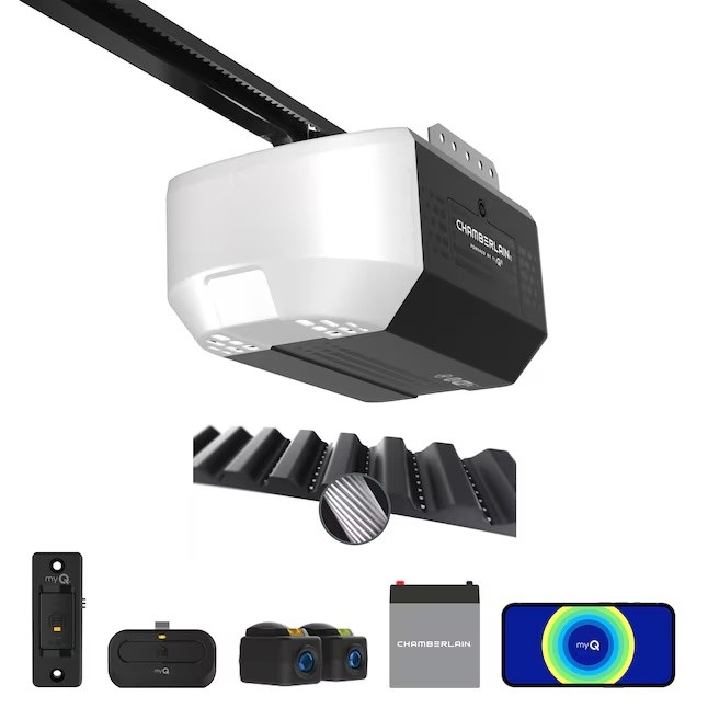 Smart belt-drive garage door opener with remote, wall control and battery backup