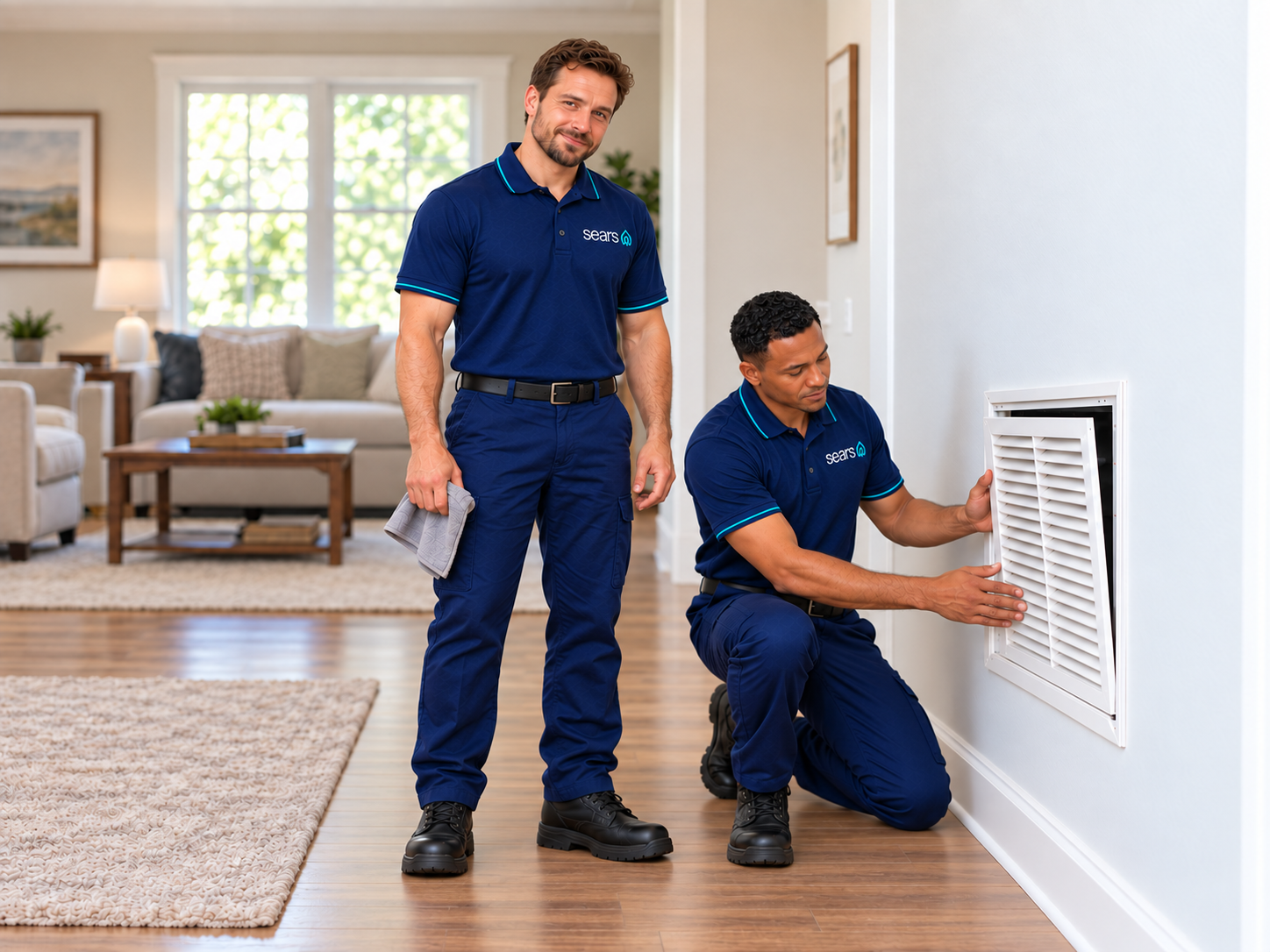 Sears technicians cleaning a home air vent