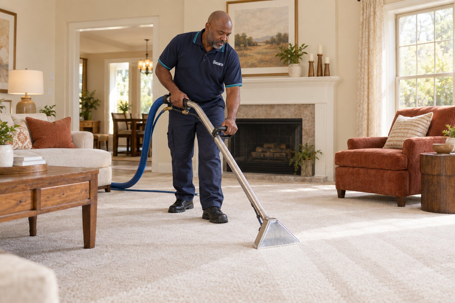 Sears technician cleaning living room carpet
