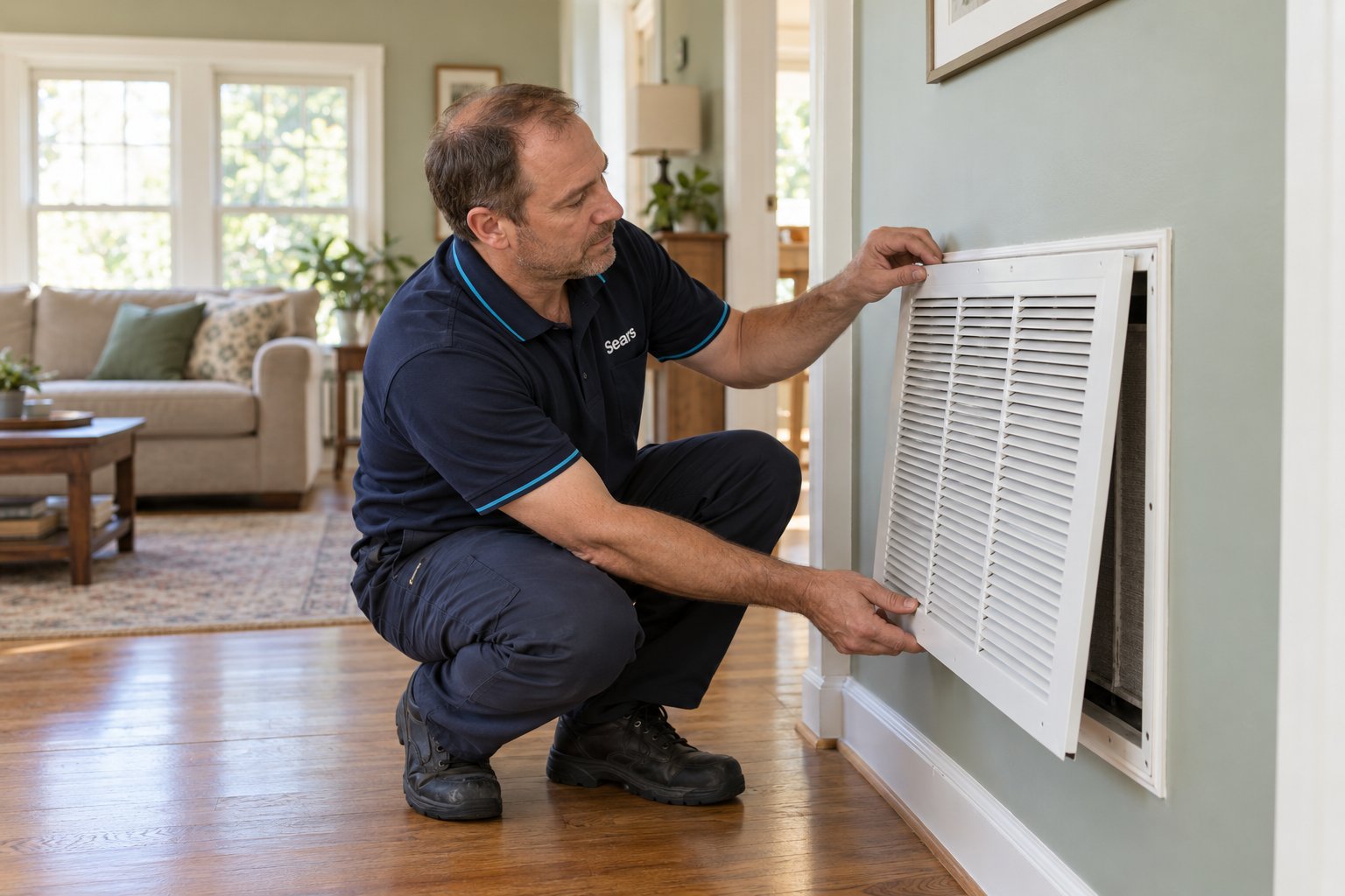 Sears technician removing an air vent cover