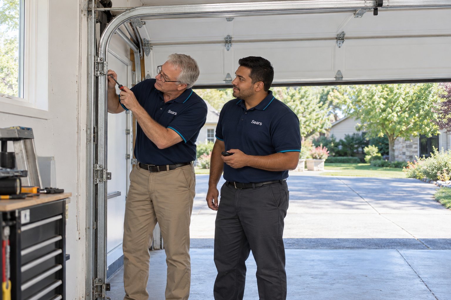 Sears technicians repairing a garage door