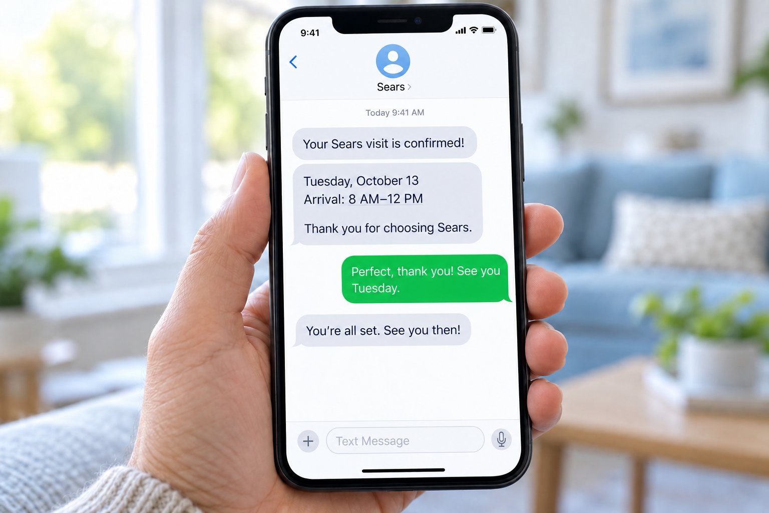 Text message confirming a Sears visit