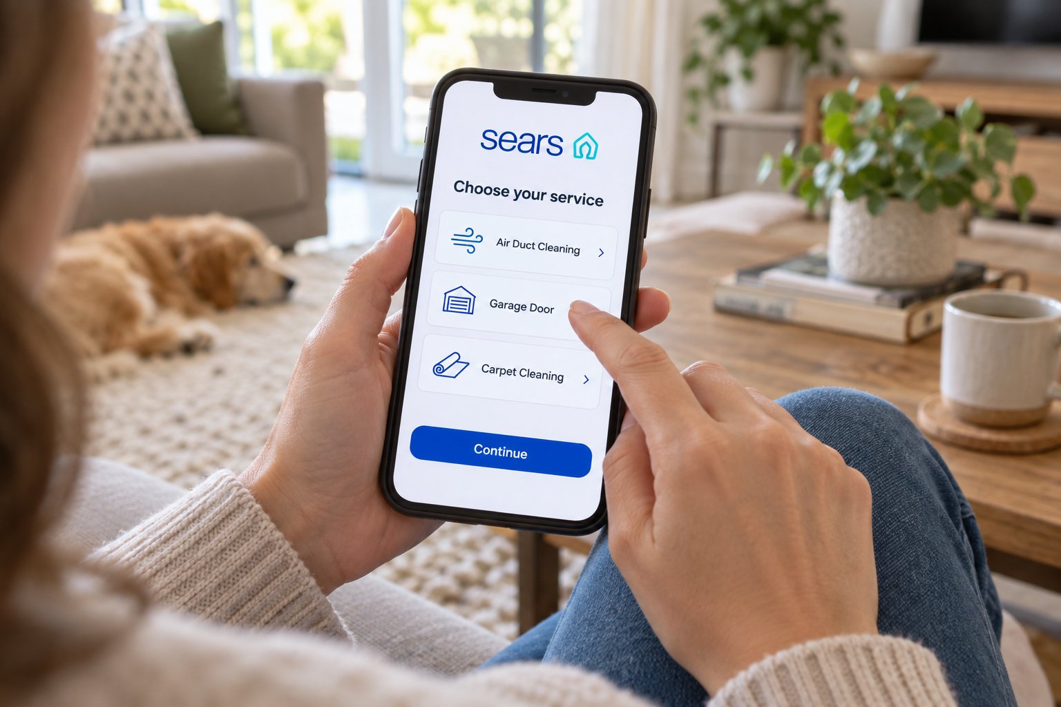 Customer choosing a Sears service on her phone