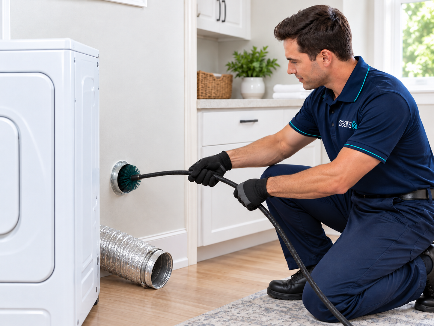 Sears technician cleaning a dryer vent