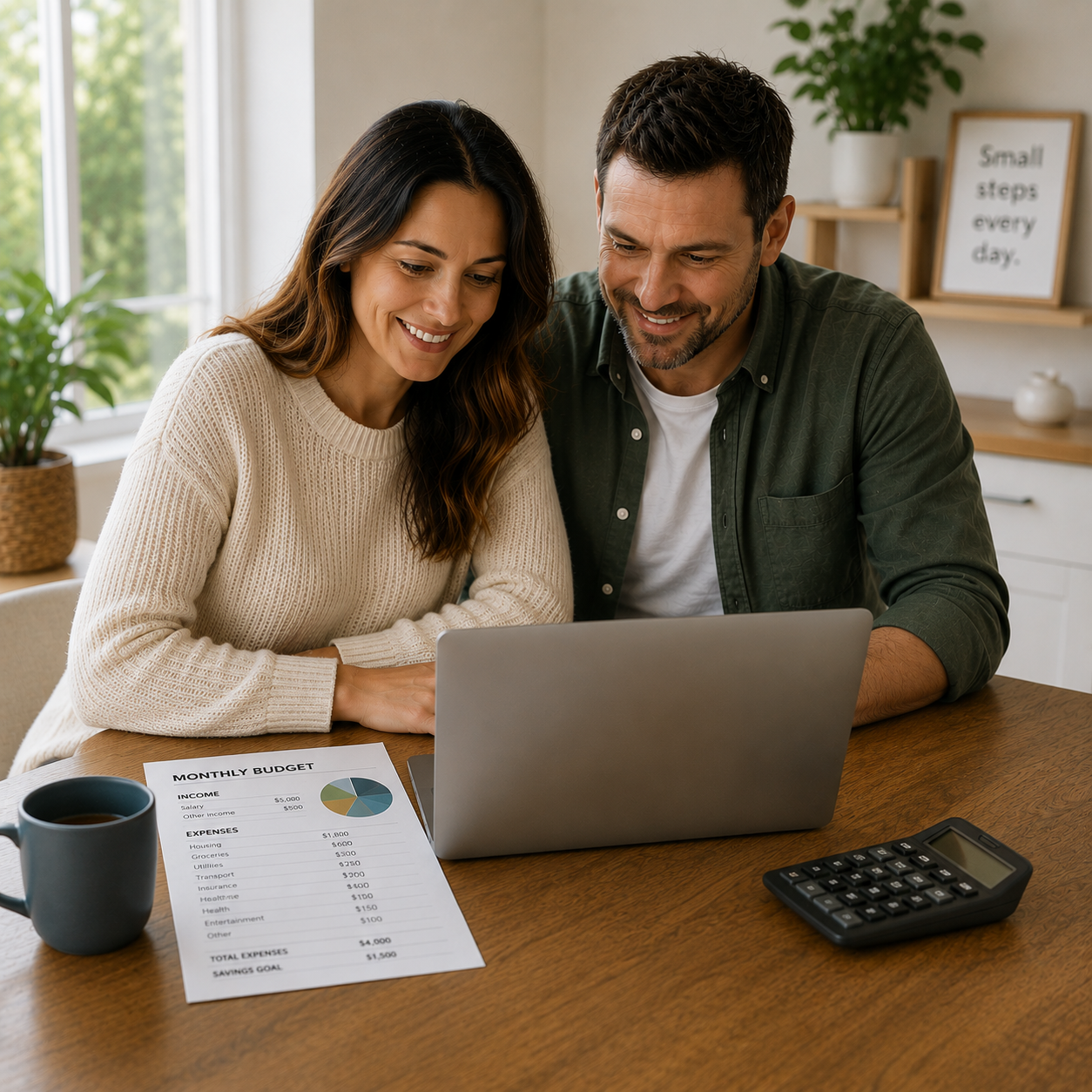 Couple doing practical money planning at home