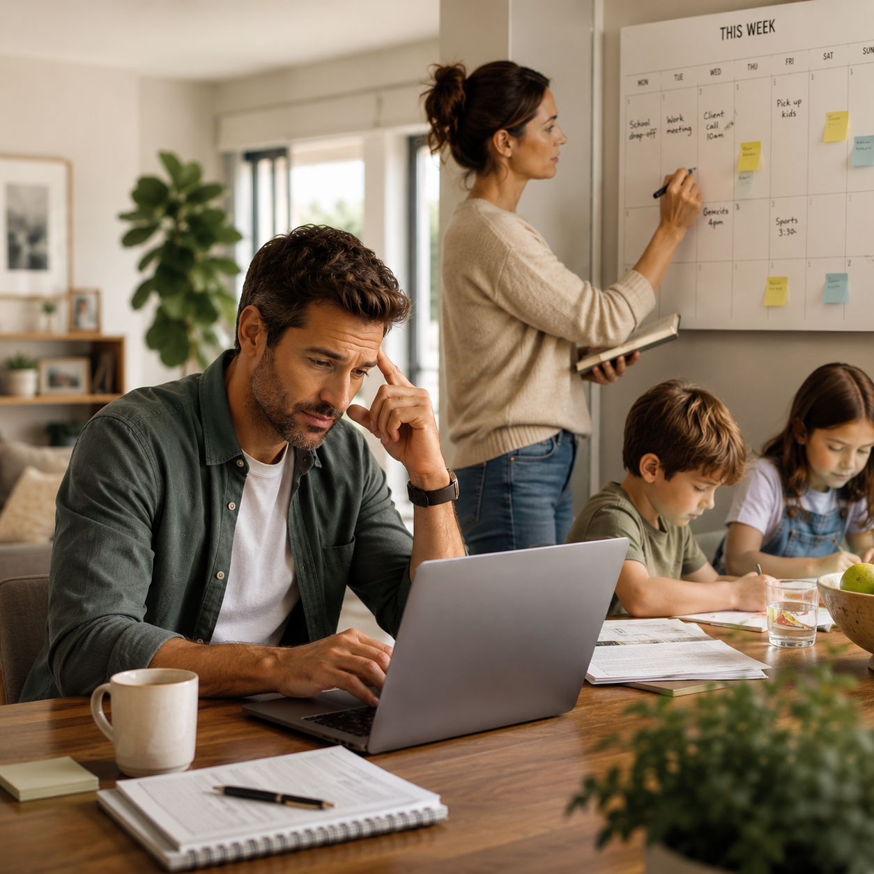 Man and Woman with children in their home. He works on finances on the laptop