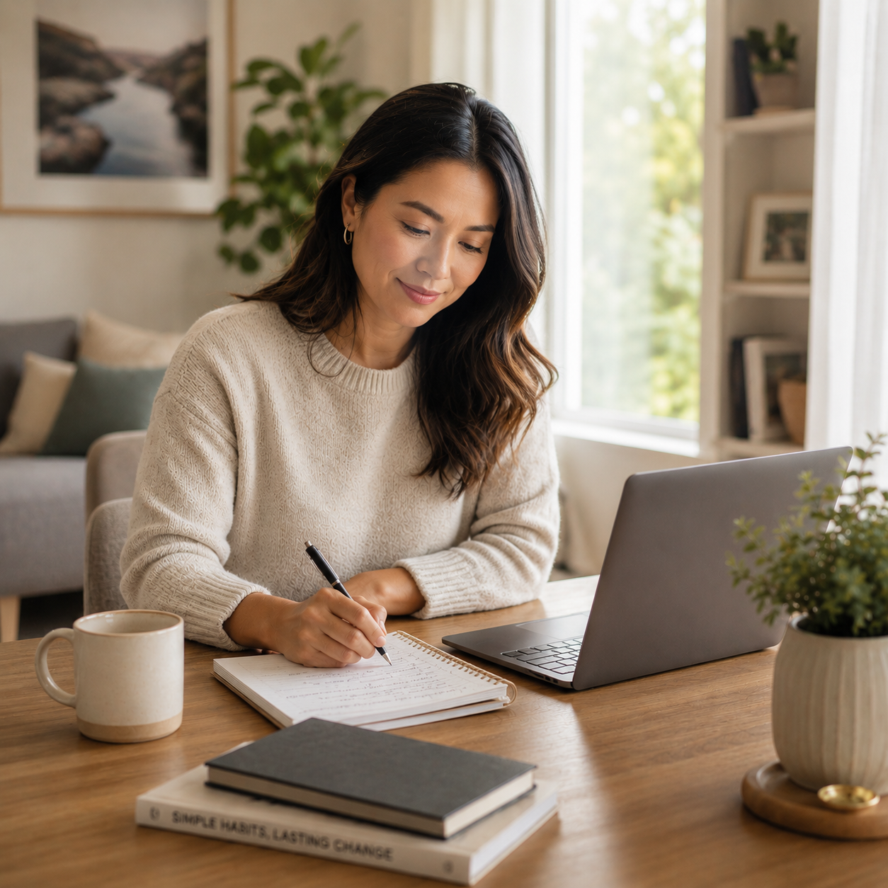 Young asian woman considers her finances and life goals at home