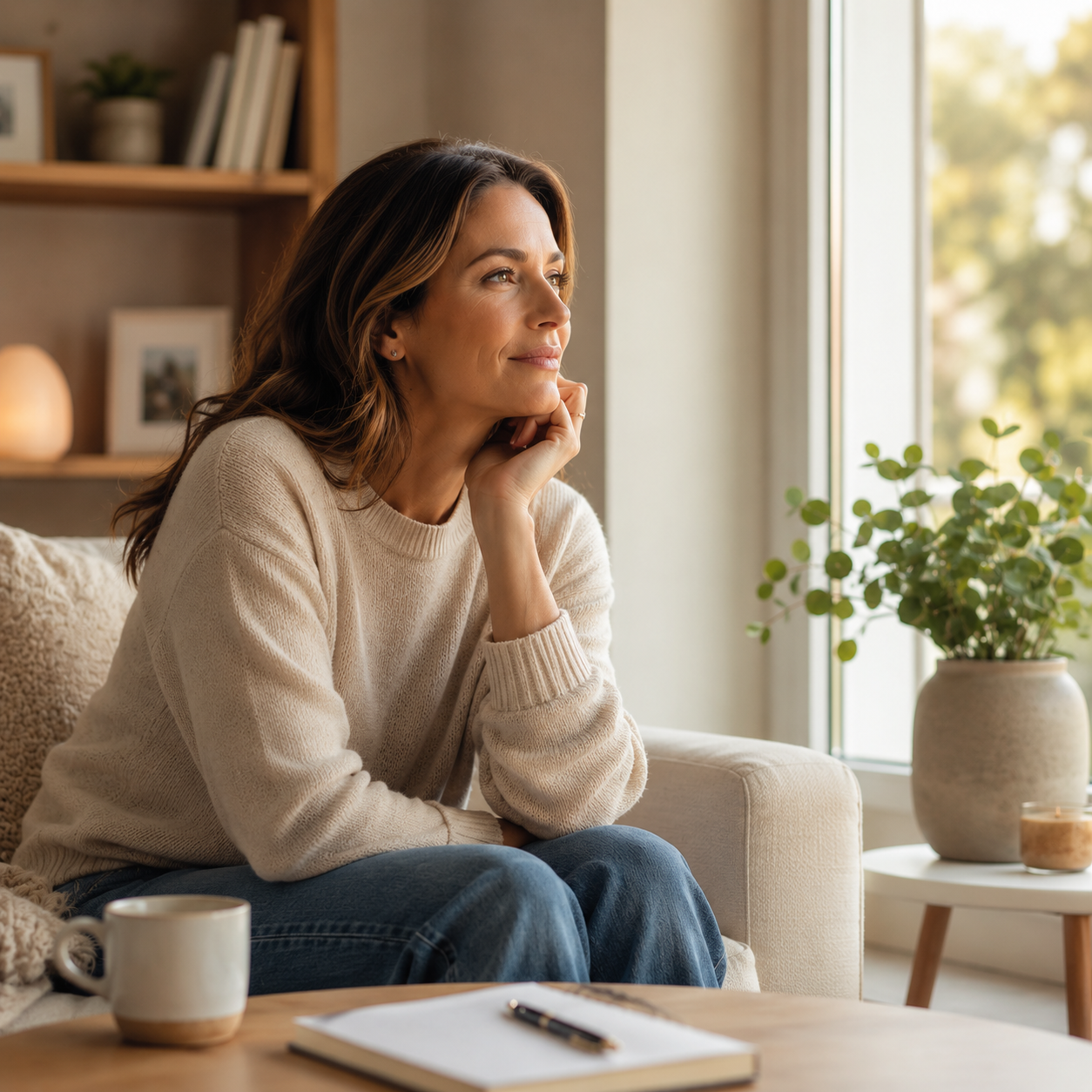 Woman ponders her finances in a calm modern space