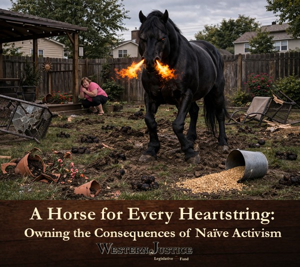 satirical suburban back yard destroyed by rescued horse