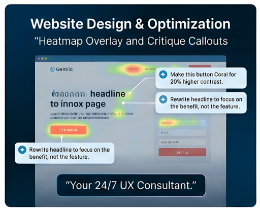 A graphic showing how AI can help with website design and optimization A graphic showing how AI can help with website design and optimization