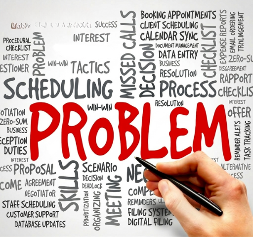 large red 'PROBLEM' and the hand with the pen with surrounding terms to reflect common administrative challenges like scheduling conflicts, document filing, and missed call follow-ups. large red 'PROBLEM' and the hand with the pen with surrounding terms to reflect common administrative challenges like scheduling conflicts, document filing, and missed call follow-ups.