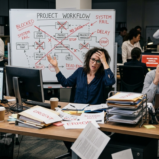 A workflow failing on the bulletin board and a woman stressed about the situation A workflow failing on the bulletin board and a woman stressed about the situation