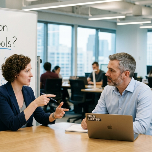 A woman and man in a corporate office discussing AI strategy. The background whiteboard reads "Strategy Always Beats Technology" and "AI is not the advantage, how you use it is." A woman and man in a corporate office discussing AI strategy. The background whiteboard reads "Strategy Always Beats Technology" and "AI is not the advantage, how you use it is."