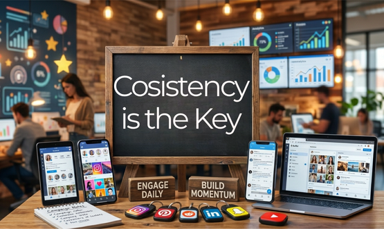 Consistency is the key sign with social media apps, analytics dashboards, and digital marketing tools in a modern workspace