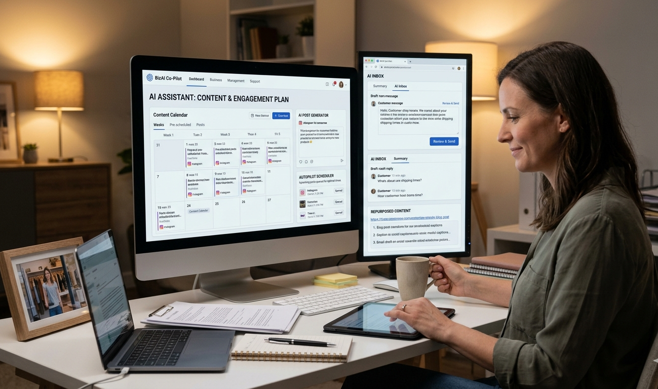 A professional woman using an AI assistant dashboard on a dual-monitor setup to manage a small business content calendar, AI inbox, and automated social media scheduling.