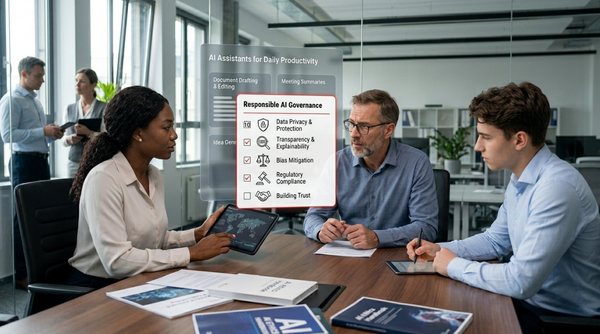Business professionals reviewing AI assistants for daily productivity alongside a framework for building trust and data protection in a modern corporate office.
