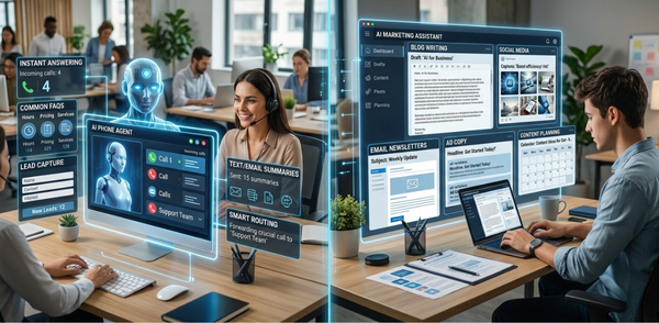 Conceptual illustration of AI automation tools in a business setting, featuring digital interfaces for smart routing, text and email summaries, and content planning workflows.