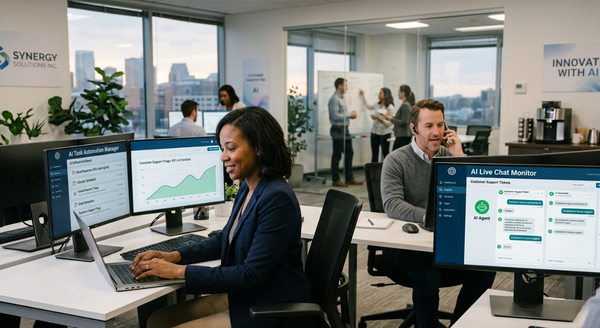A professional woman working on a laptop next to screens displaying AI-powered customer support triage and data analytics dashboards in a collaborative corporate setting.