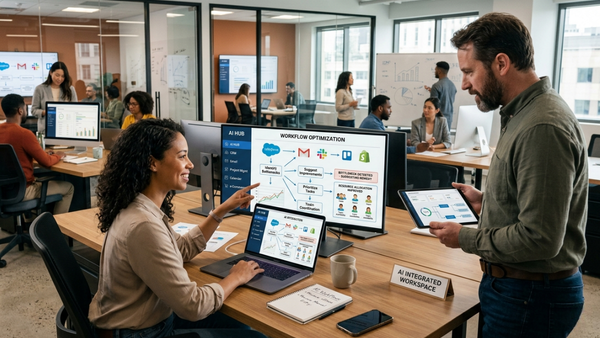 A collaborative office team using an AI Hub dashboard to manage project resource allocation and team coordination through automated digital workflows.