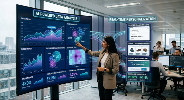 Visualization of AI marketing results including increased engagement, higher conversion rates, and automated workflows for targeted email campaigns and product recommendations.