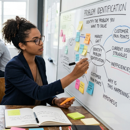 A professional woman in an office mapping out 'Problem Identification' on a whiteboard with sticky notes, focusing on customer pain points, market gaps, and inefficiencies.