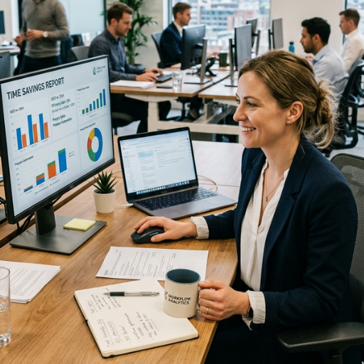 A smiling professional woman reviewing a "Time Savings Report" on a computer monitor, showing bar graphs and data visualizations of efficiency gains and annual hours saved through workflow automation.