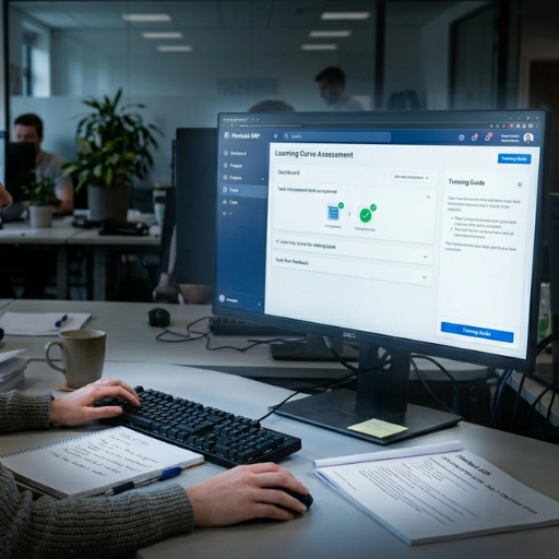 A person working at a desk in an office, looking at a 'Learning Curve Assessment' dashboard on a monitor that shows progress from training to completion.
