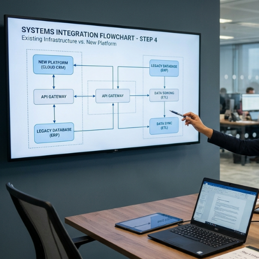 "A systems integration flowchart on a large screen showing the connection between legacy databases, API gateways, and a new cloud CRM platform during a business presentation."