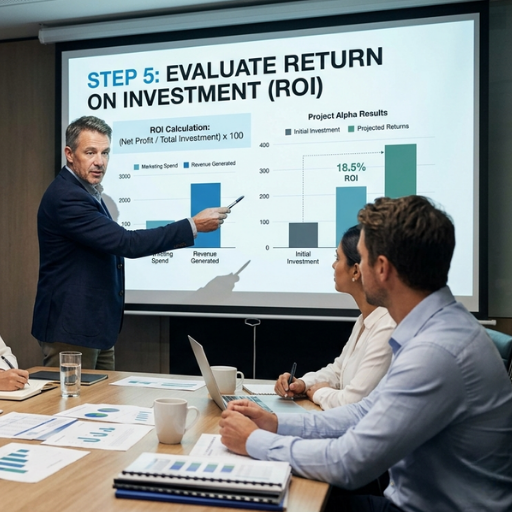 Professional man pointing at a screen showing ROI calculations and financial growth charts during a business meeting.