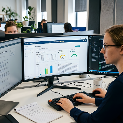 lose-up of an AI workspace dashboard showing quality scores and successful integration on a desktop monitor in a professional setting.