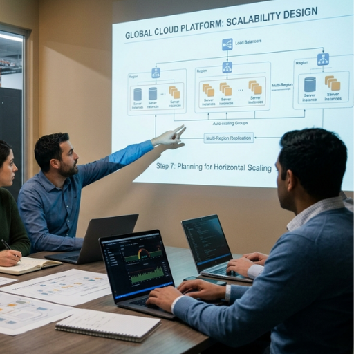 Professional pointing to a cloud platform scalability diagram titled 'Step 7: Planning for Horizontal Scaling' during a team strategy meeting