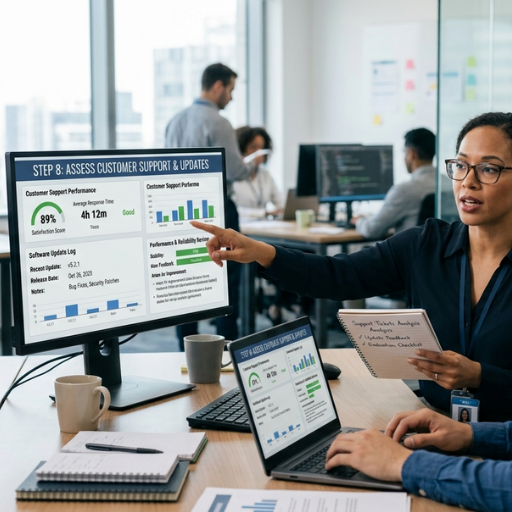 Close-up of a customer support and software update assessment dashboard featuring data visualizations, bar charts, and performance scores