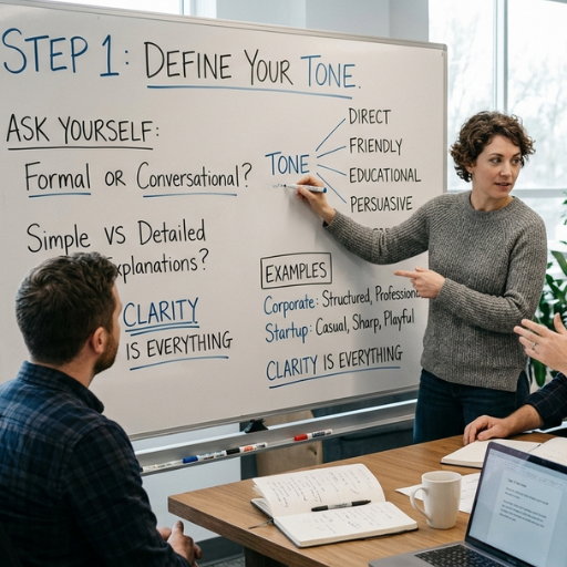 Marketing team workshop focused on defining brand tone, messaging clarity, and content strategy on a large whiteboard.