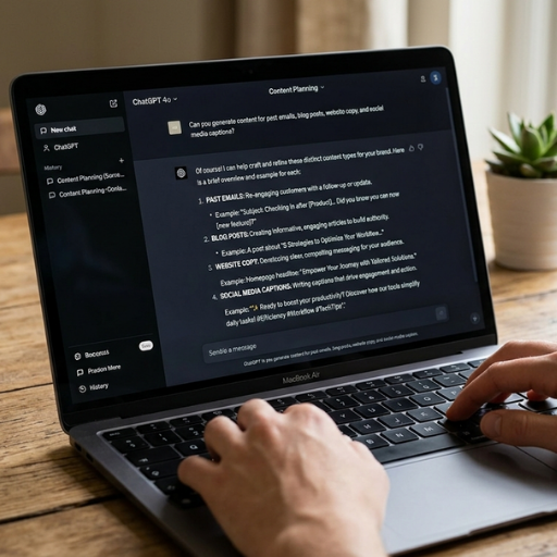 Hands typing on a laptop during a content planning session using an AI assistant to streamline writing tasks for small business marketing.