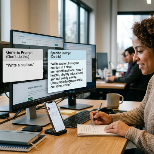A woman working at a computer with an infographic showing the difference between effective and ineffective AI prompting for social media marketing.