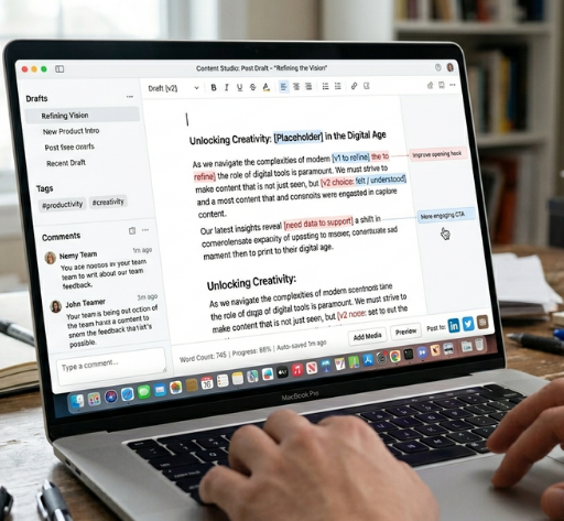 Close-up of a digital content studio interface on a laptop showing a blog draft with productivity tags, word count tracking, and social media cross-posting icons for LinkedIn and Twitter.