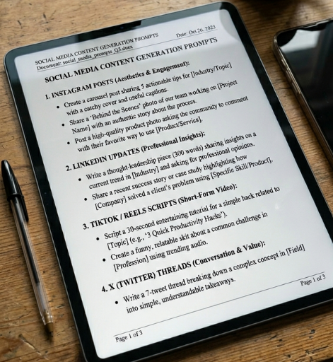 A tablet on a wooden desk displaying a "Social Media Content Generation Prompts" document with specific strategies for Instagram carousel posts, LinkedIn thought-leadership updates, and TikTok or Reels scripts.