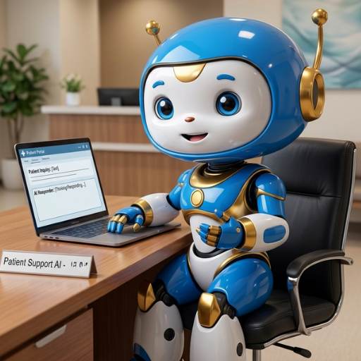 AI robot assistant helping with patient support and inquiry responses on a laptop in a modern healthcare office