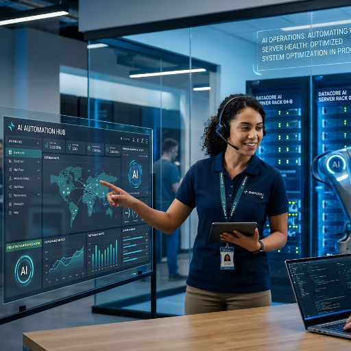 AI automation specialist reviewing data visualization dashboard in server room with cloud and network metrics.