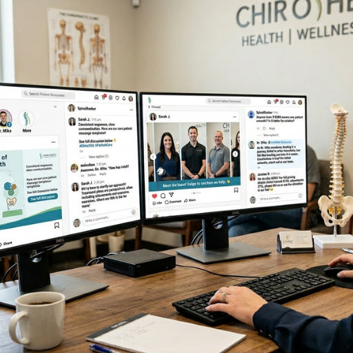 Chiropractic clinic staff managing patient communication and social media on dual monitors, reviewing messages, comments, and team content in a modern healthcare office.