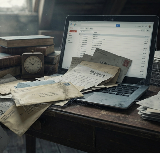 Overwhelmed inbox concept with laptop and stacks of unanswered mail and follow-up letters on desk.