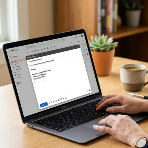 Person composing a professional email on laptop using Gmail, writing a team update in a clean home office workspace