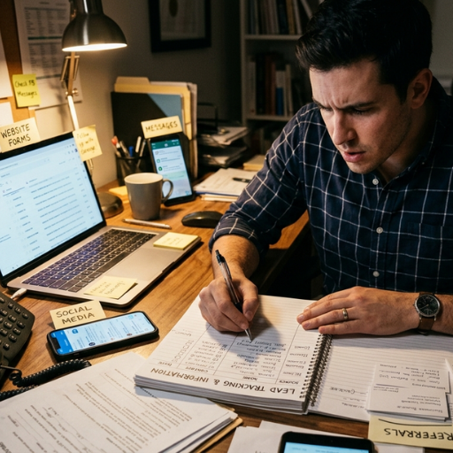 A man working late at a desk, manually organizing lead information from website forms and social media into a physical tracking notebook.