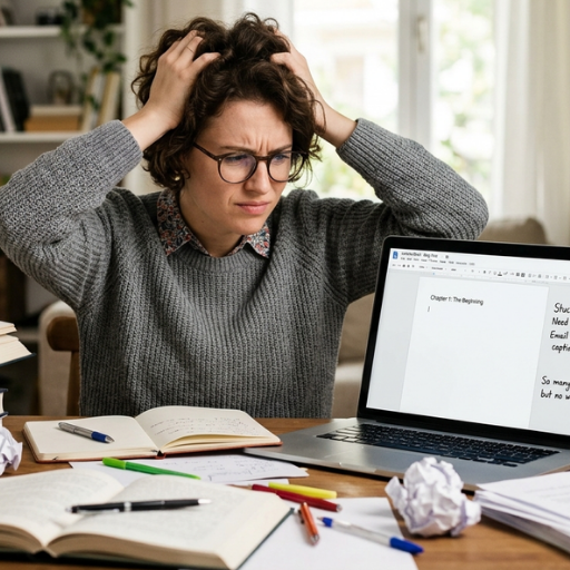 Close-up of a writer struggling with creative output at a desk filled with crumpled paper, open notebooks, and a laptop screen needing email and social media captions.
